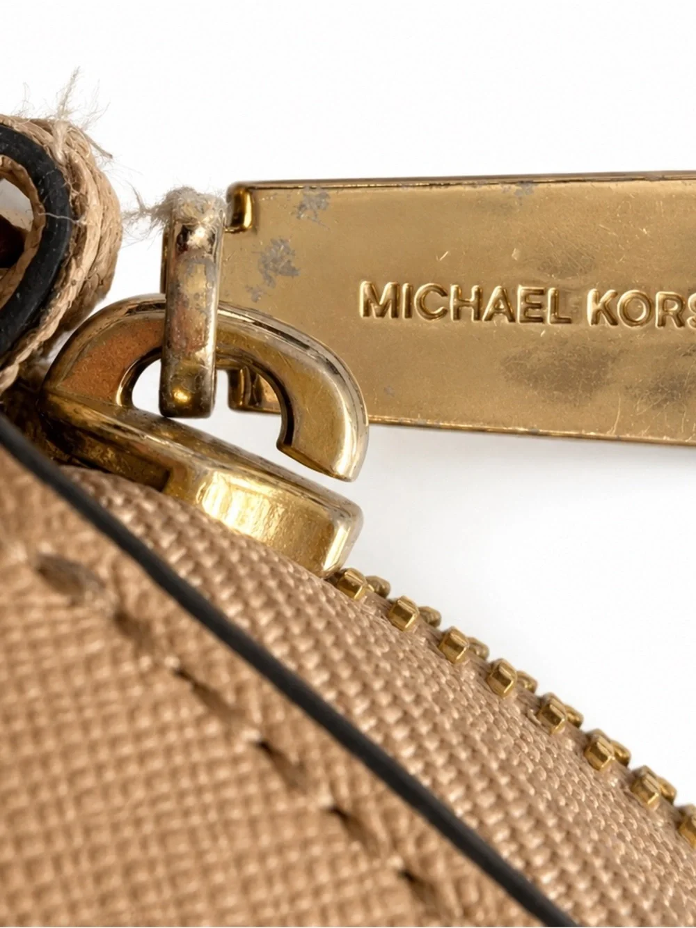 MICHAEL KORS Beige/Tan Saffiano Leather Wristlet with Gold Logo